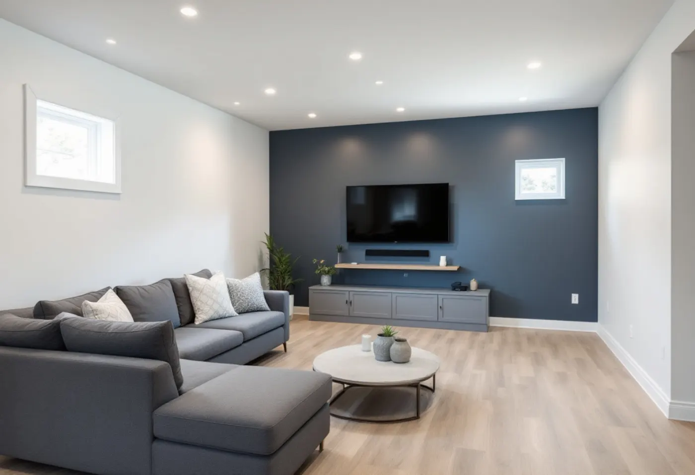 A finished basement family room with a sectional sofa, slate blue feature wall, pot lights and light oak flooring