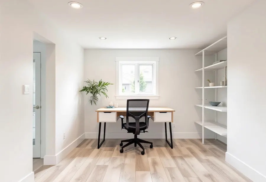 Basement home office with a desk under a window and open shelving